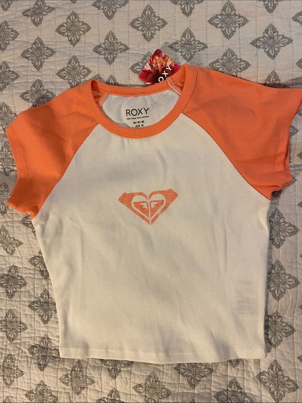 Roxy girl White Tee with Orange Raglan Sleeves and Logo